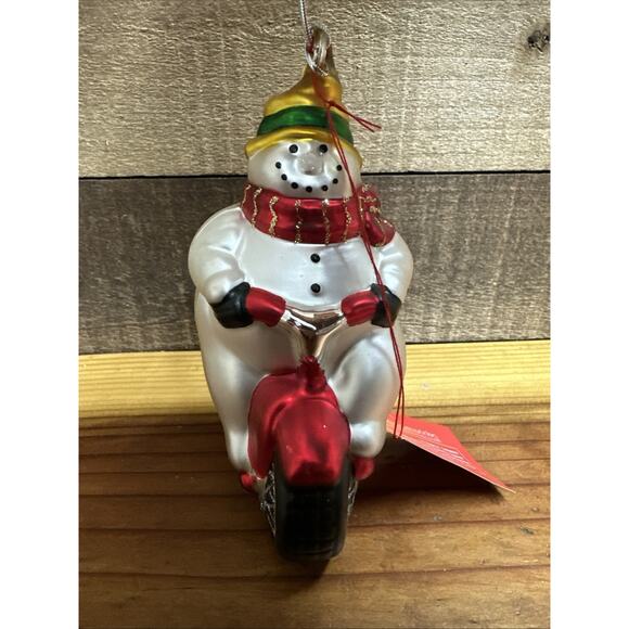 Dept 56 Mercury Glass Snowman Riding Tricycle Ornament Hand Painted in Box - Picture 2 of 5